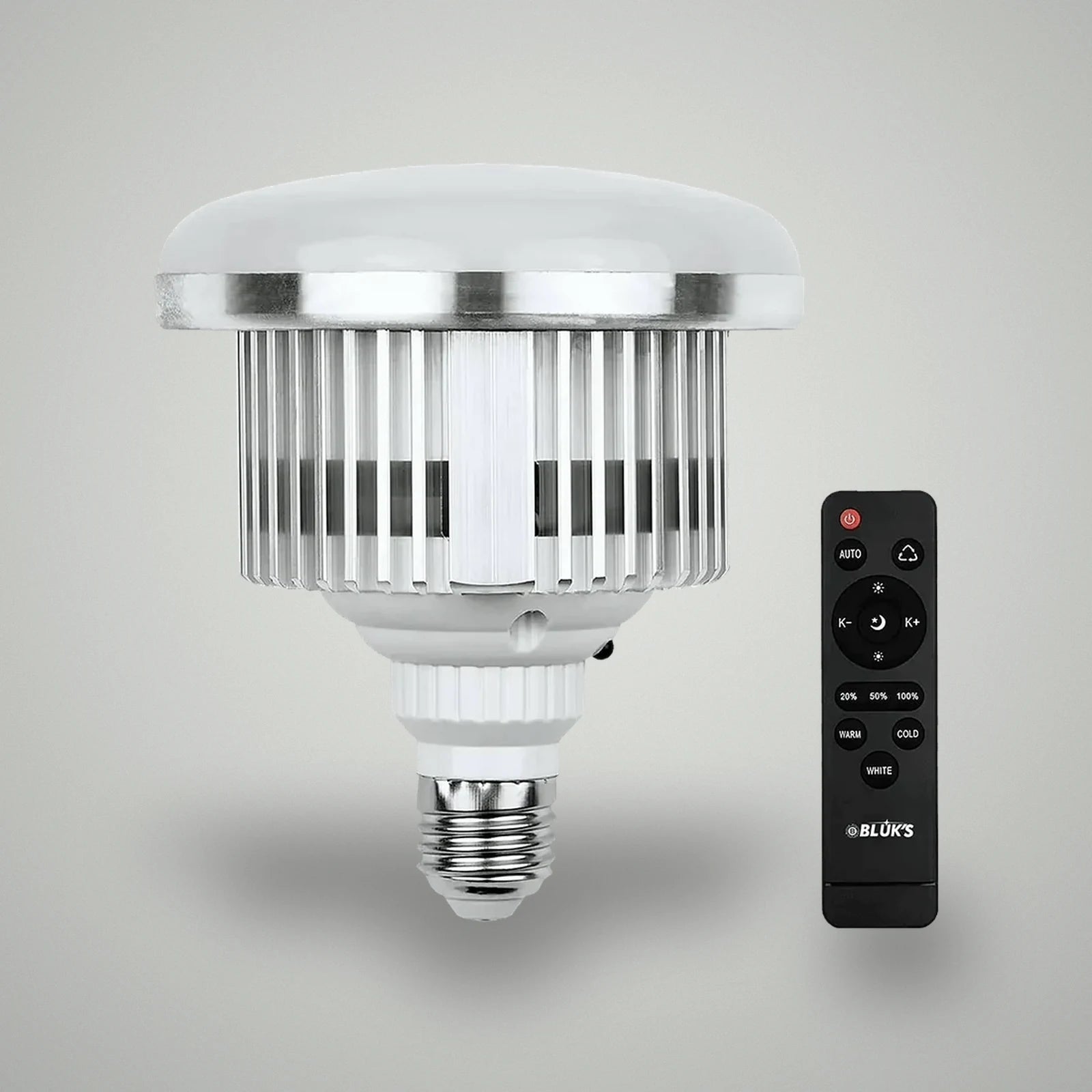 Front profile view of BLUK'S high-power LED light bulb with aluminum cooling fins and wireless remote
