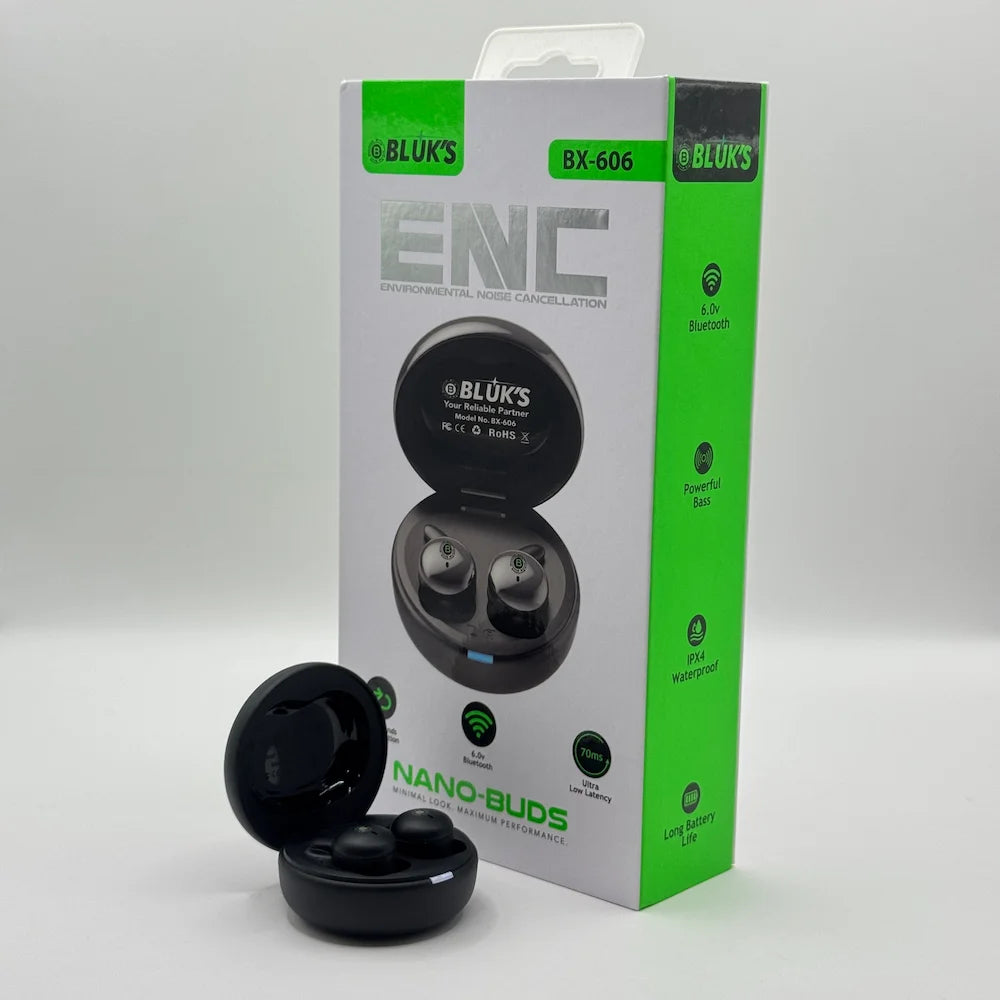BLUK'S NANO-BUDS BX-606 black wireless earbuds inside open charging case in front of green packaging box