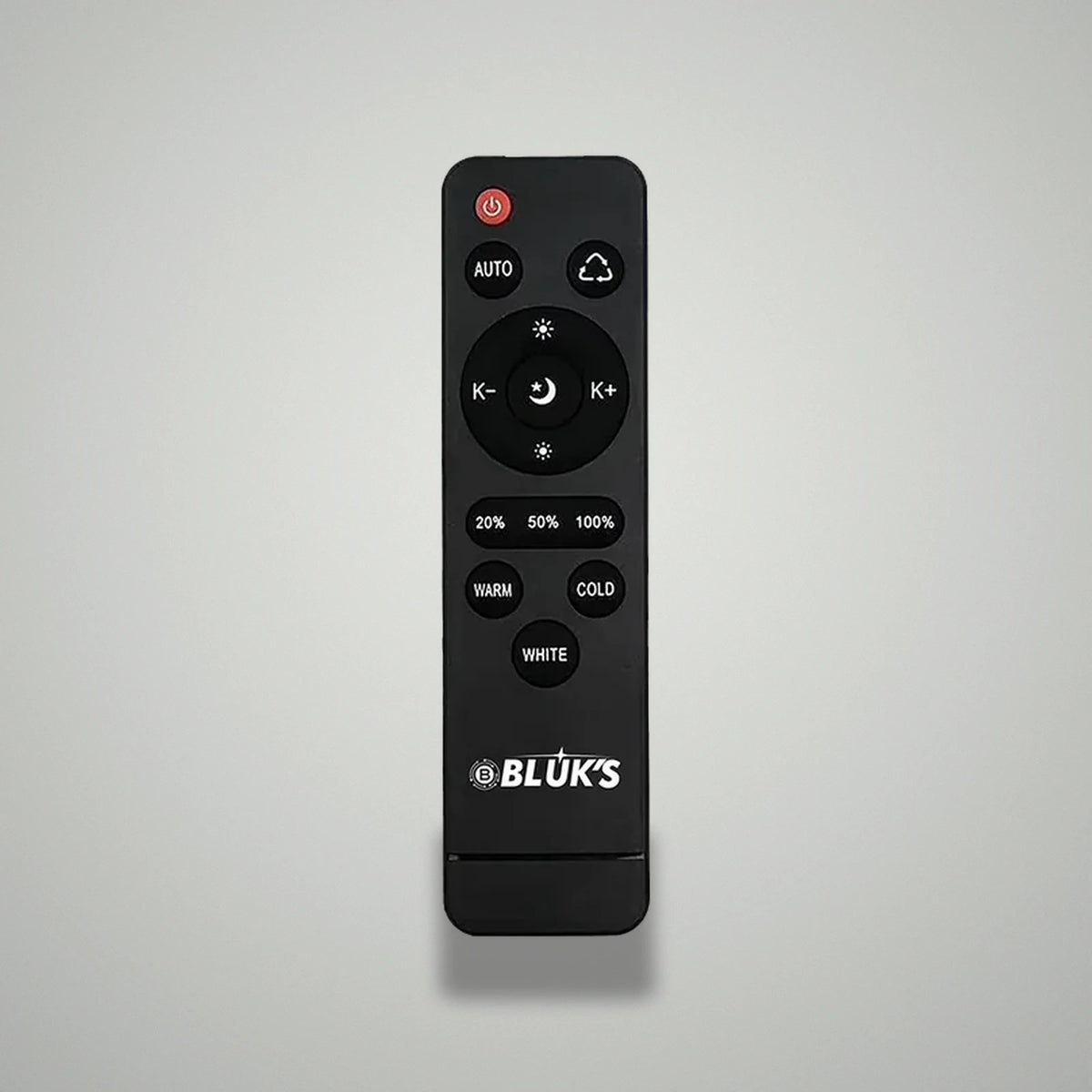 Black wireless remote control for BLUK'S studio video light showing brightness percentage and color temperature preset buttons