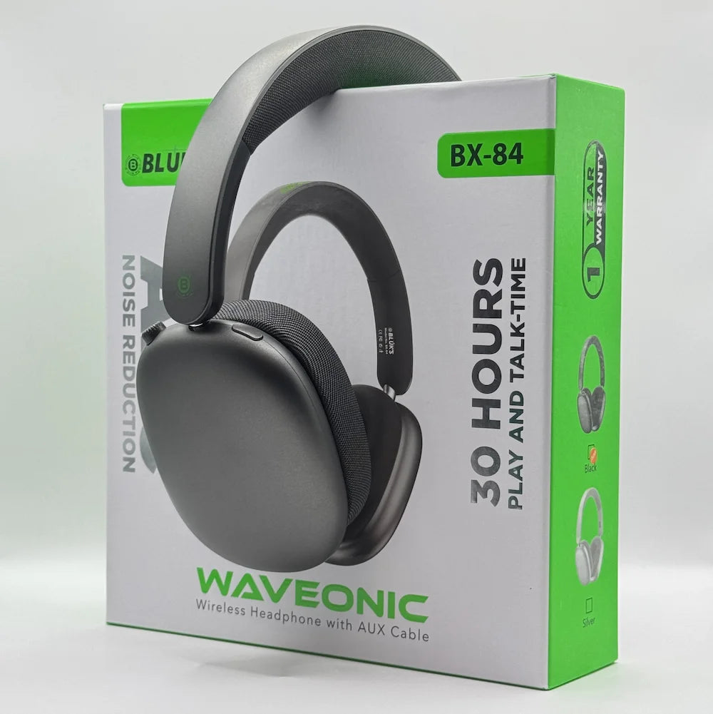 Side view of BLUK'S WAVEONIC BX-84 retail box showing 30 hours play time and ANC features