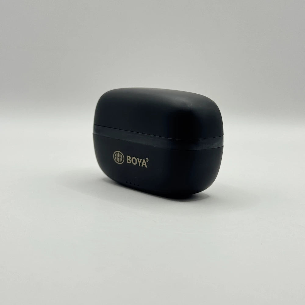 Closed BOYA BY-MW10 matte black wireless microphone charging case with LED battery indicator lights