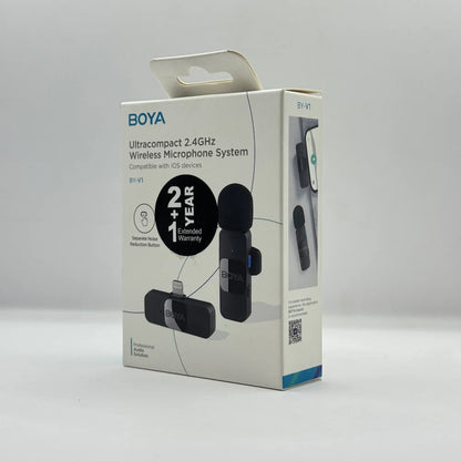 Front packaging box of BOYA BY-V1 ultracompact 2.4GHz wireless microphone system compatible with iOS devices featuring 2+1 year extended warranty badge