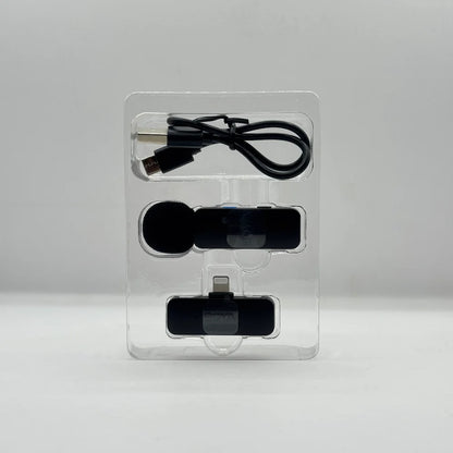 BOYA BY-V1 wireless mic transmitter, Lightning receiver, and USB charging cable organized inside clear plastic inner tray