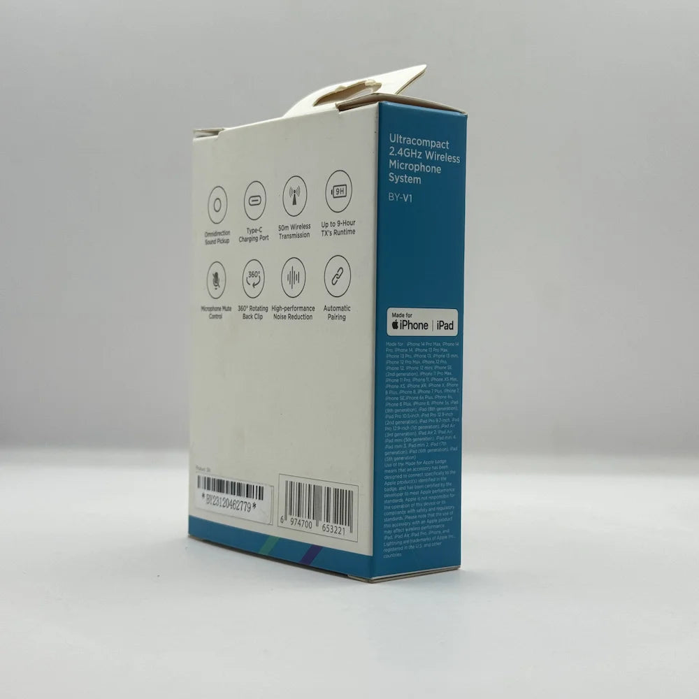 Back side of BOYA BY-V1 wireless mic packaging displaying feature icons and official Made for iPhone iPad badge