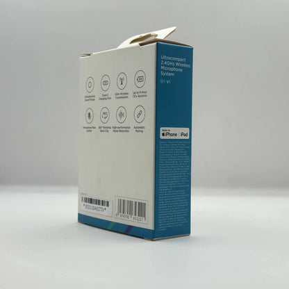 Back side of BOYA BY-V1 wireless mic packaging displaying feature icons and official Made for iPhone iPad badge