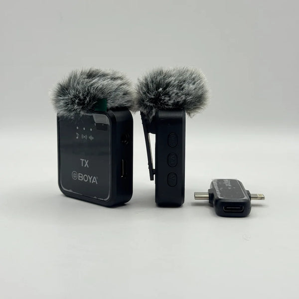 Side profile of BY-V20 wireless clip-on microphone showing side control buttons and dual-connector receiver adapter