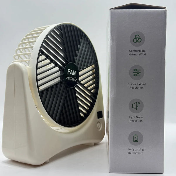 Angled side view of cream rechargeable desk fan beside retail packaging showing 5-speed wind regulation features