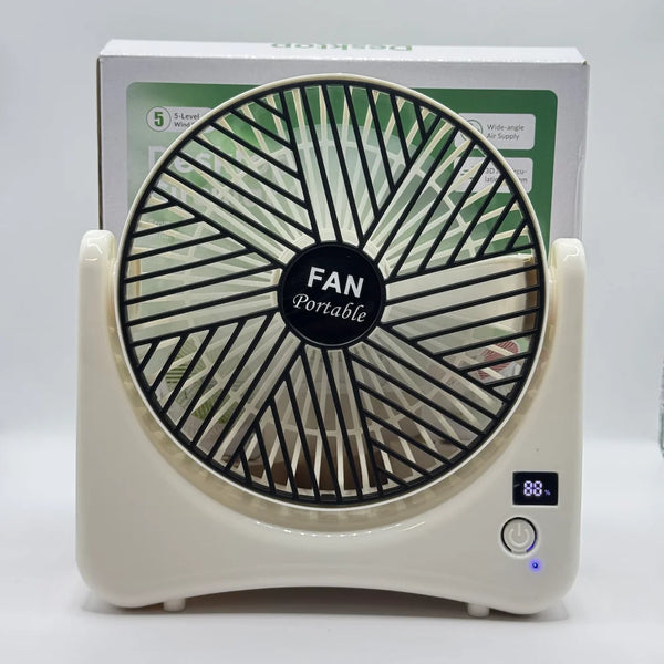 Front view of cream desktop circular portable fan with digital LED display and power button in front of packaging box