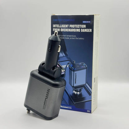 Metallic grey dual retractable fast car charger standing in front of blue retail box highlighting overcharging protection