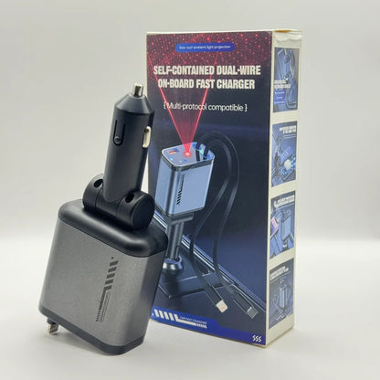 Dual retractable cable car charger shown next to packaging box highlighting star roof ambient light projection feature