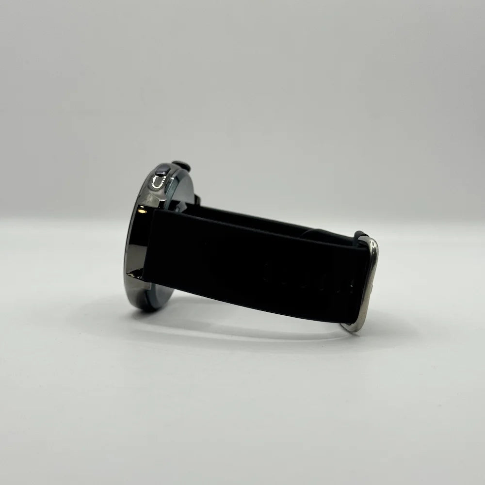 Rear side profile view of Haino Teko RW-10 smartwatch showing silicone strap and standard metal buckle attachment