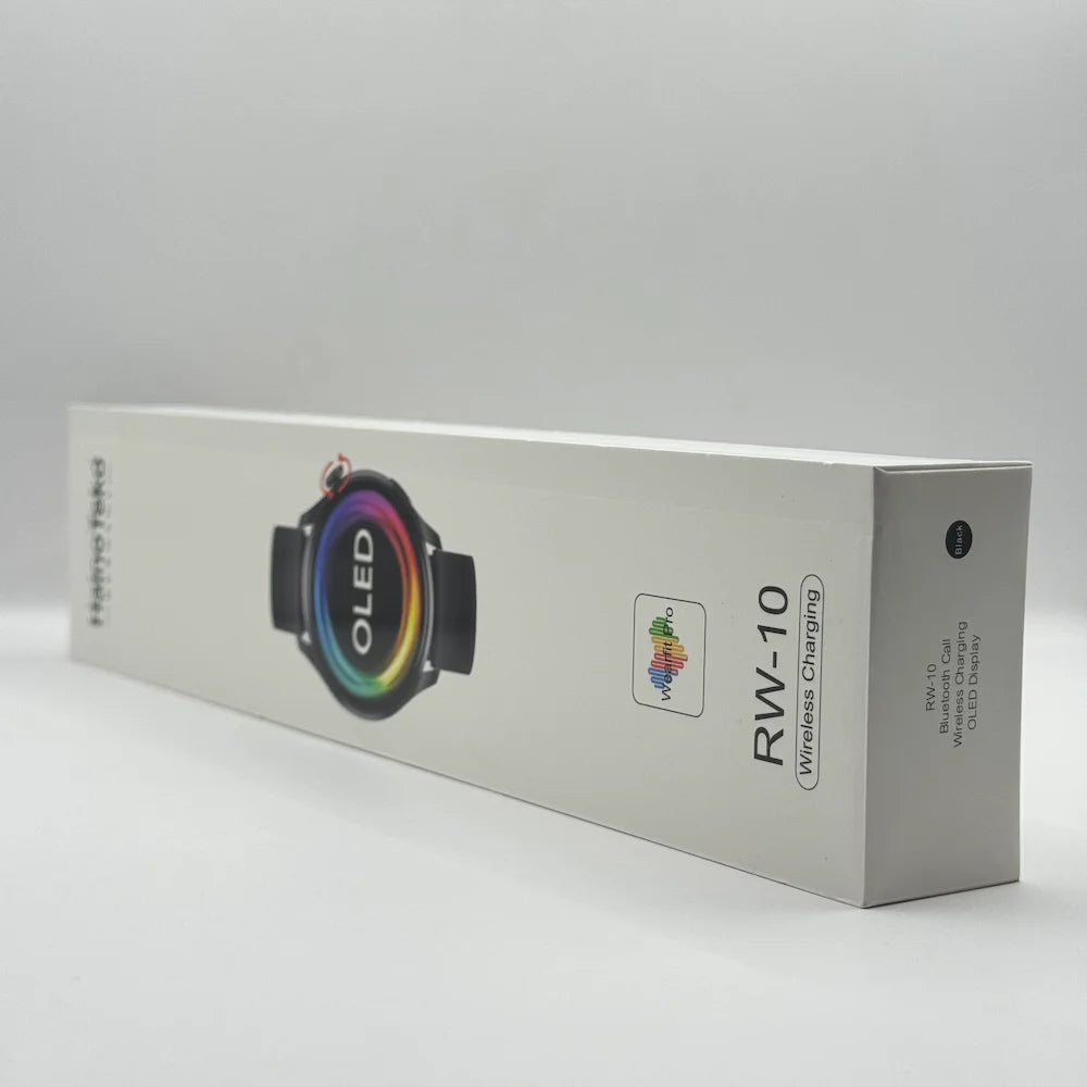 Retail packaging box for Haino Teko RW-10 Smartwatch highlighting Bluetooth calling, wireless charging, and OLED display specs