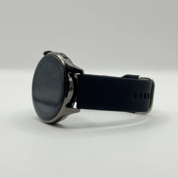 Side angled view of Haino Teko RW-10 smartwatch showing glossy dark metallic circular casing and screen