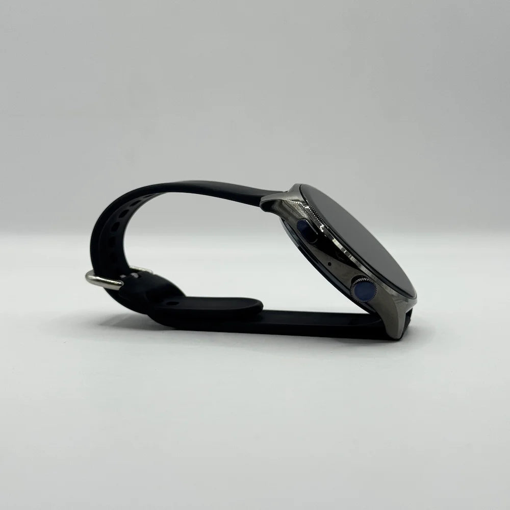 Side profile of Haino Teko RW-10 smartwatch displaying side control buttons and rotating crown dial