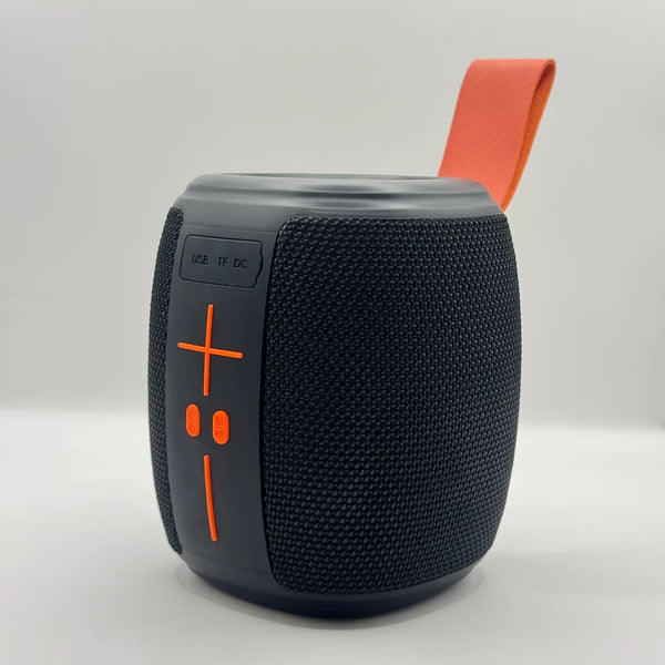 Side view of HM-805 black wireless speaker with orange carrying strap