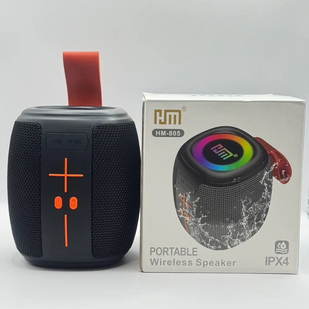 HM-805 Portable Wireless Speaker next to white packaging box showing IPX4 rating