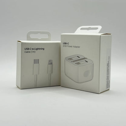 Front view of 20W USB-C Power Adapter and USB-C to Lightning Cable boxes