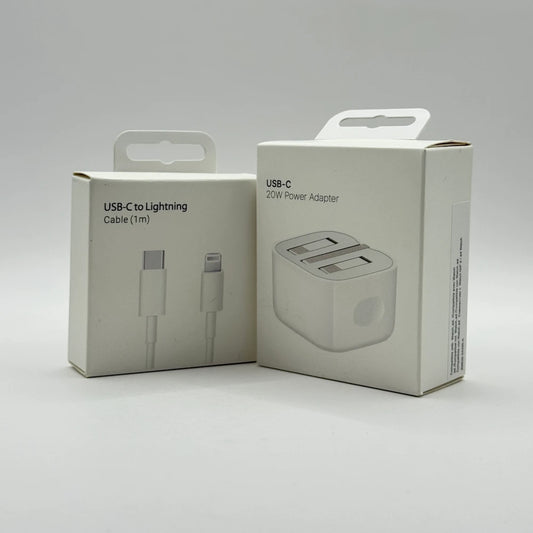 Front view of 20W USB-C Power Adapter and USB-C to Lightning Cable boxes