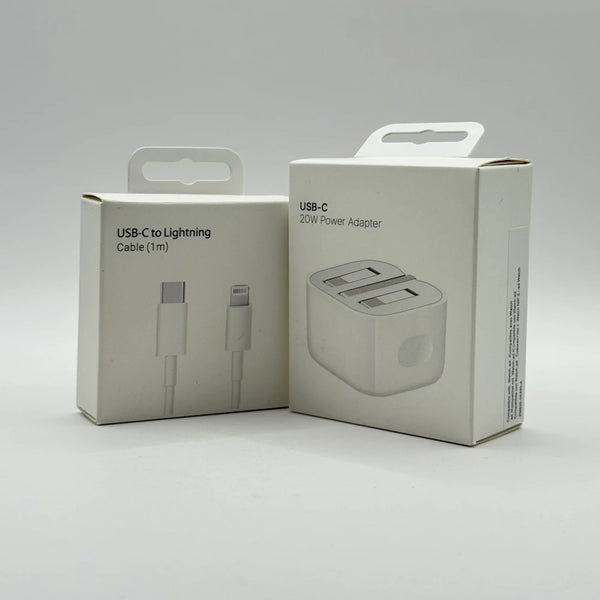 Front view of 20W USB-C Power Adapter and USB-C to Lightning Cable boxes