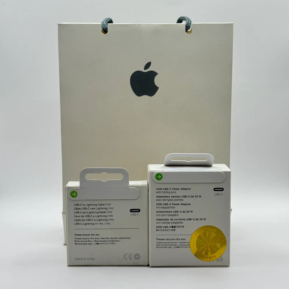 Back view of iPhone 20W USB-C Power Adapter and Lightning Cable packaging boxes