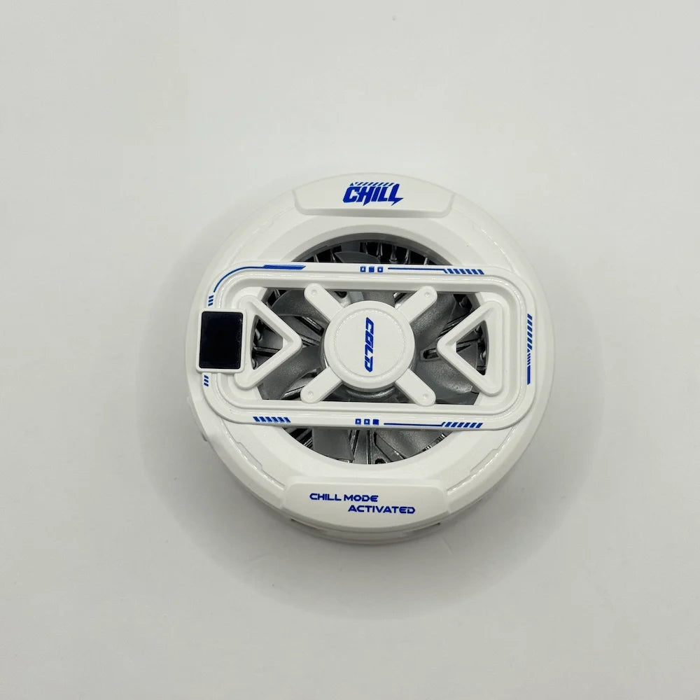 Top-down view of white K51 phone cooler featuring blue Chill logo and geometric fan grille