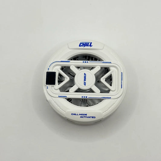 Top-down view of white K51 phone cooler featuring blue Chill logo and geometric fan grille