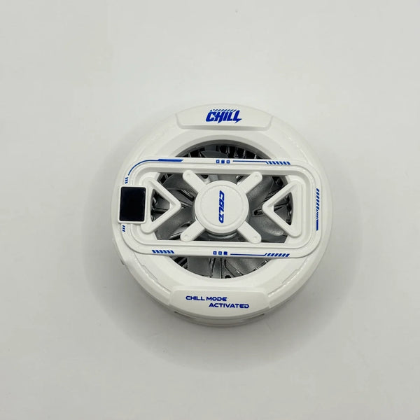 Top-down view of white K51 phone cooler featuring blue Chill logo and geometric fan grille