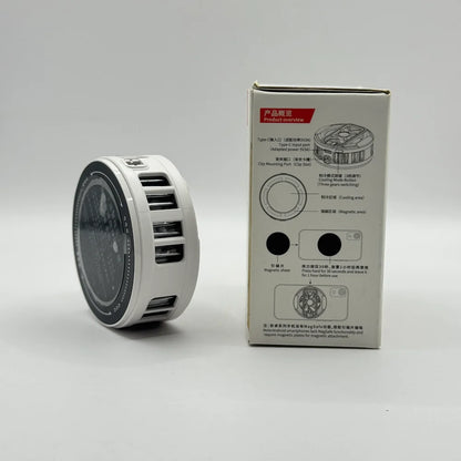 Side view of K51 phone cooler showing dark magnetic cooling plate beside product overview box diagram