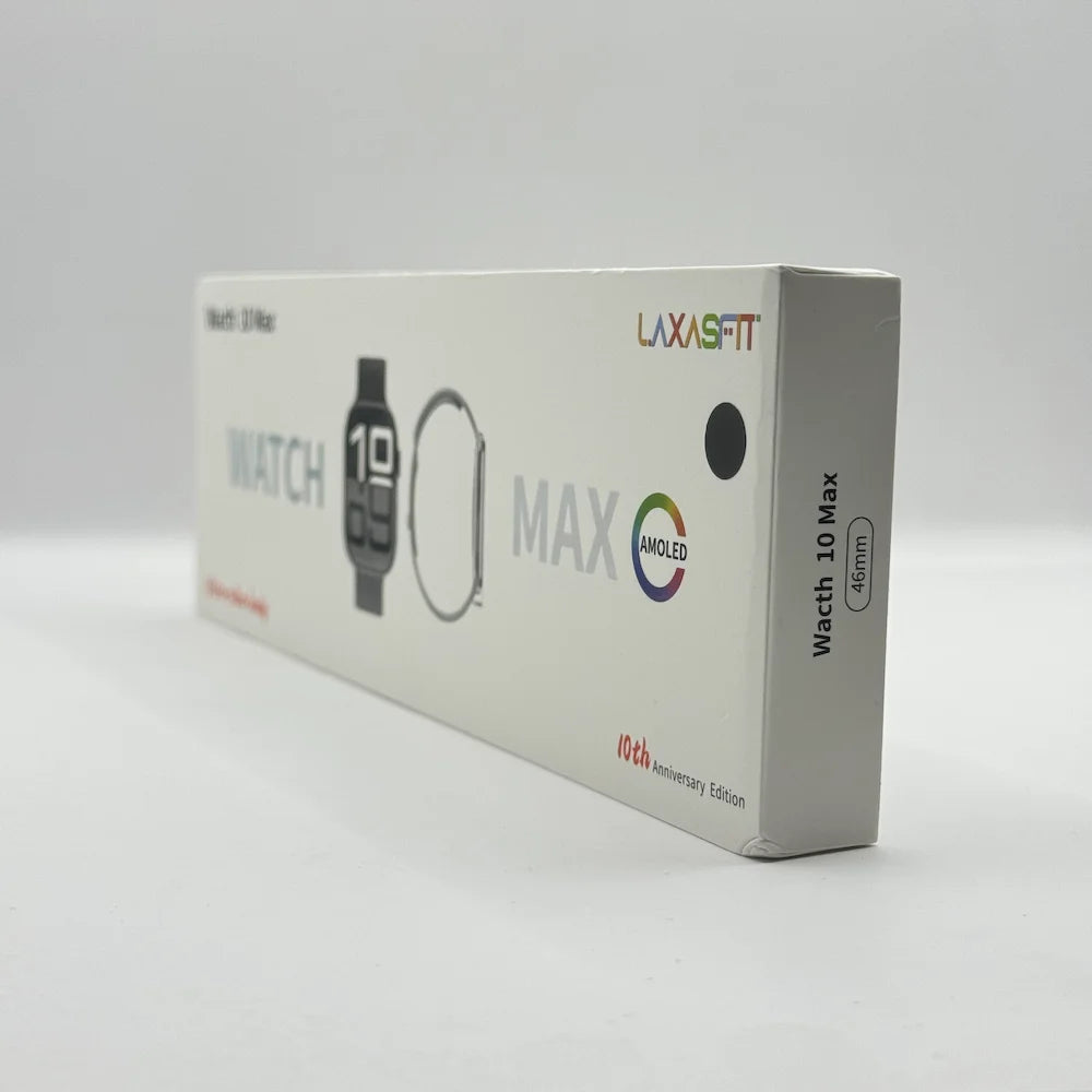 Retail packaging box of Laxasfit Watch 10 Max 46mm 10th Anniversary Edition smartwatch