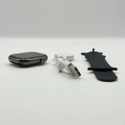 Laxasfit Watch 10 Max smartwatch components separated showing dark metallic dial, magnetic wireless charger, and black strap
