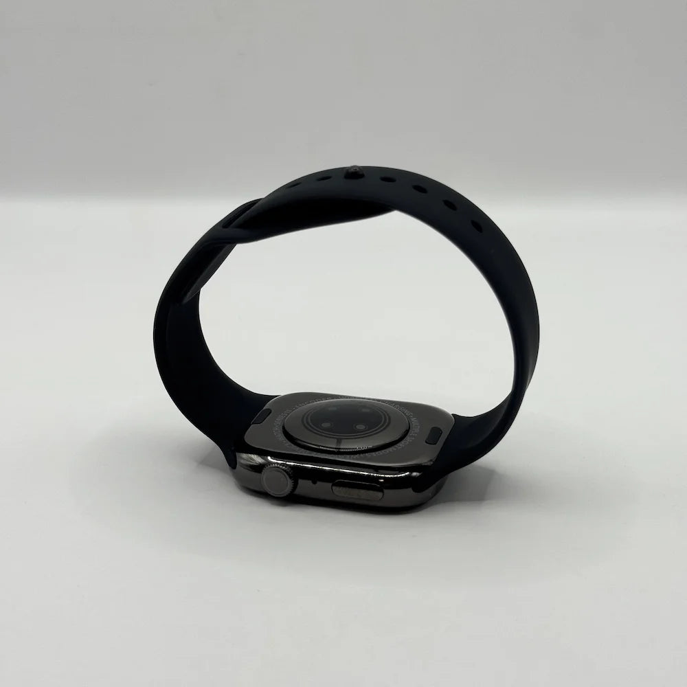 Rear view of Laxasfit Watch 10 Max smartwatch showing back health sensors, charging contacts, and silicone strap loop