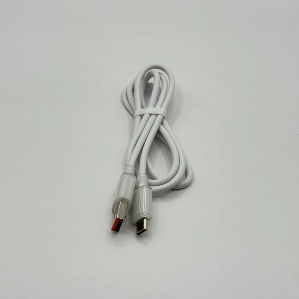 Top down perspective of white LITO LI-02 Type-C fast data cable with connectors facing front