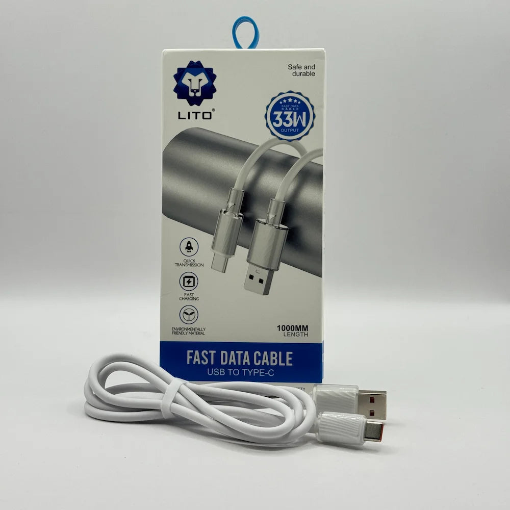 Front perspective view of LITO LI-02 33W output USB to Type-C cable packaging and product