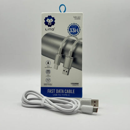 Front perspective view of LITO LI-02 33W output USB to Type-C cable packaging and product