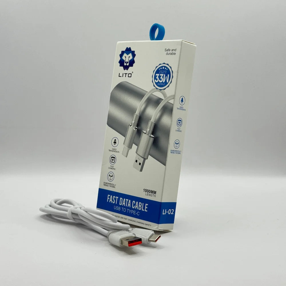LITO LI-02 33W USB to Type-C fast data cable in white coiled beside retail packaging box