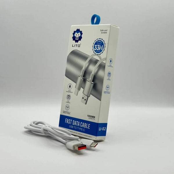 LITO LI-02 33W USB to Type-C fast data cable in white coiled beside retail packaging box