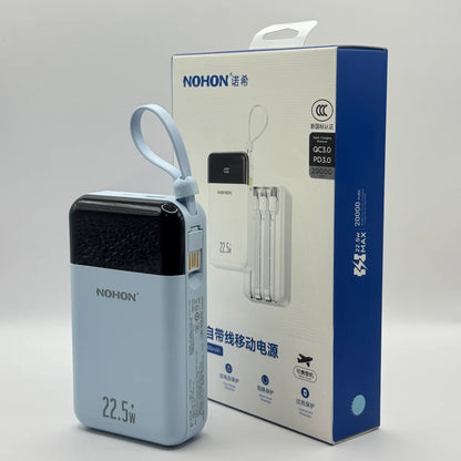 NOHON LS-DY259 20000mAh light blue power bank with carrying strap standing next to retail box