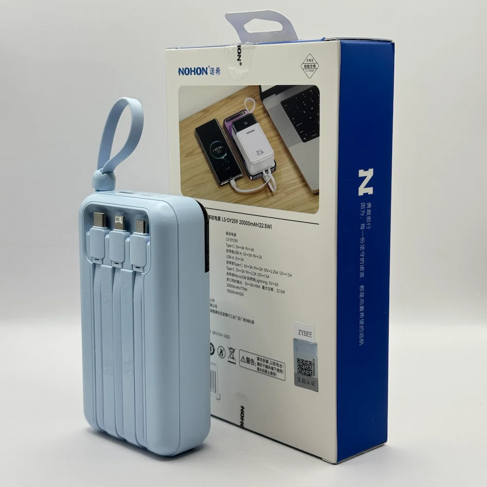 Back view of light blue NOHON LS-DY259 power bank showing three built-in charging cables and specs on packaging