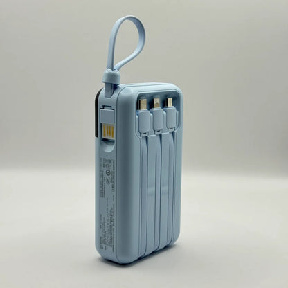 Vertical back view of light blue NOHON LS-DY259 power bank with three integrated charging cables and carrying loop