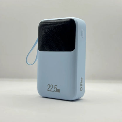 Front view of light blue Olike P402 20000mAh power bank with black digital LED screen and built-in side lanyard loop