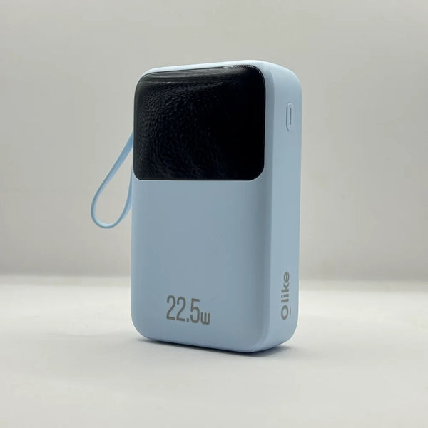 Front view of light blue Olike P402 20000mAh power bank with black digital LED screen and built-in side lanyard loop