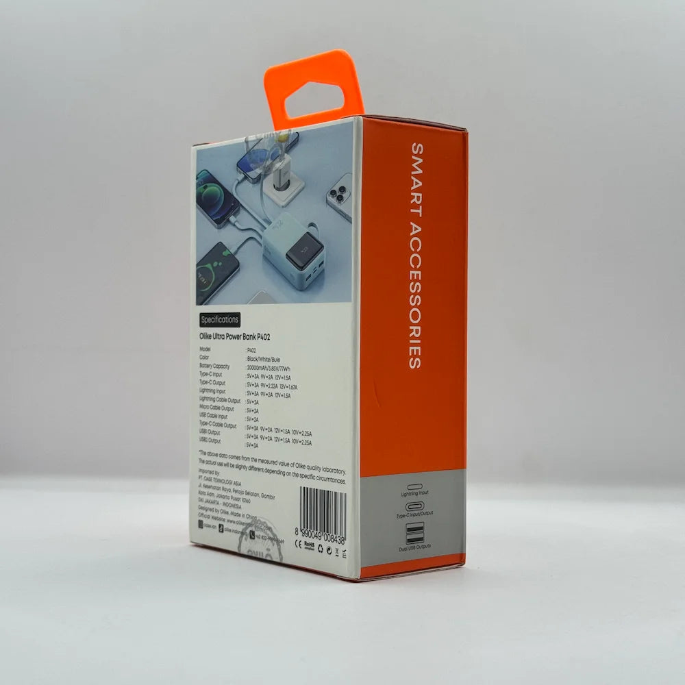Back of Olike P402 power bank box displaying detailed technical input output specifications and compliance barcodes