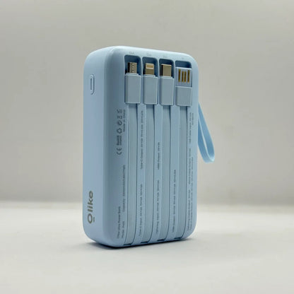 Rear view of Olike P402 power bank showing four neatly organized built-in cables including Micro USB, Lightning, Type-C, and USB-A