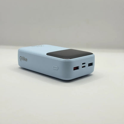 Top edge view of Olike P402 power bank showing dual USB-A output ports alongside Type-C and Lightning input ports