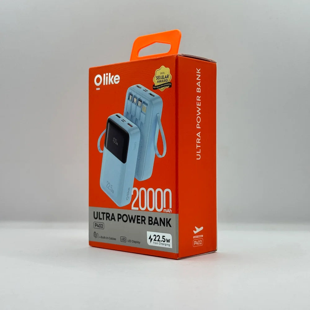 Front box packaging of Olike Ultra Power Bank P402 20000mAh featuring 22.5W fast charging badge and built-in cables preview