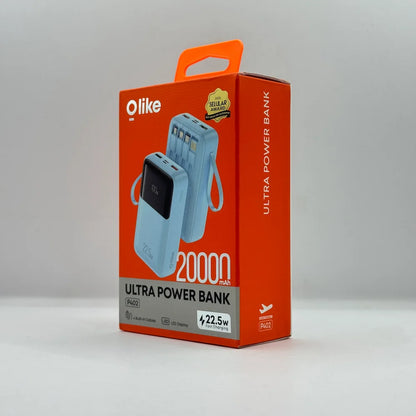 Front box packaging of Olike Ultra Power Bank P402 20000mAh featuring 22.5W fast charging badge and built-in cables preview