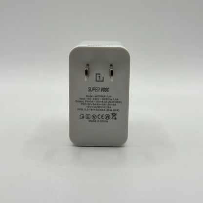 OnePlus 1+ SuperVOOC 65W power adapter specifications and model WC065A11JH back view