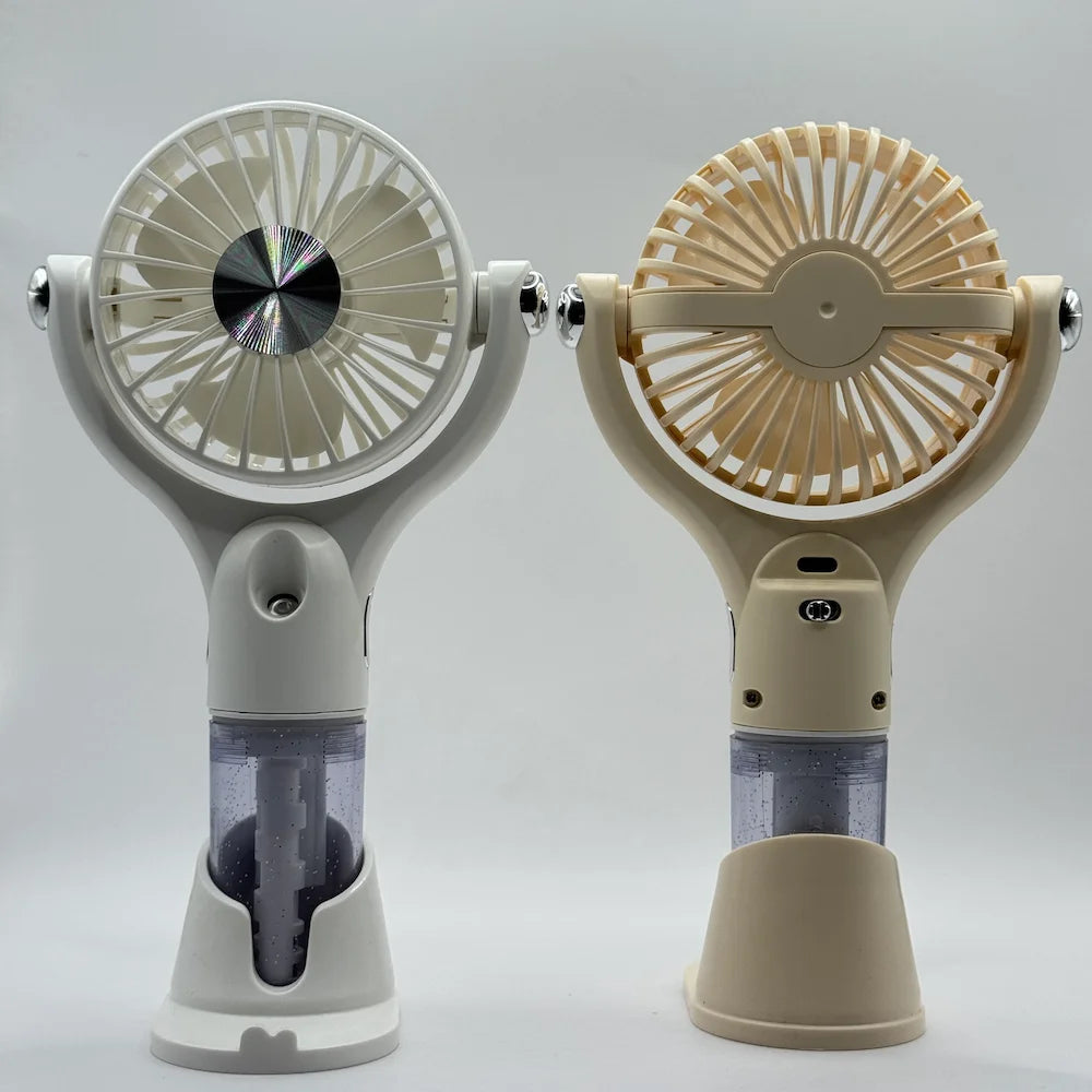 Portable 2-in-1 spray fan available in white and beige color variants