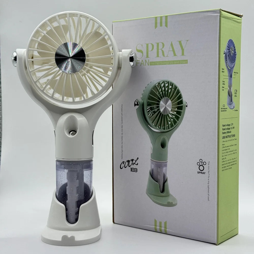 White portable 2-in-1 water mist spray fan front view with retail packaging box