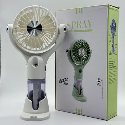 White portable 2-in-1 water mist spray fan front view with retail packaging box